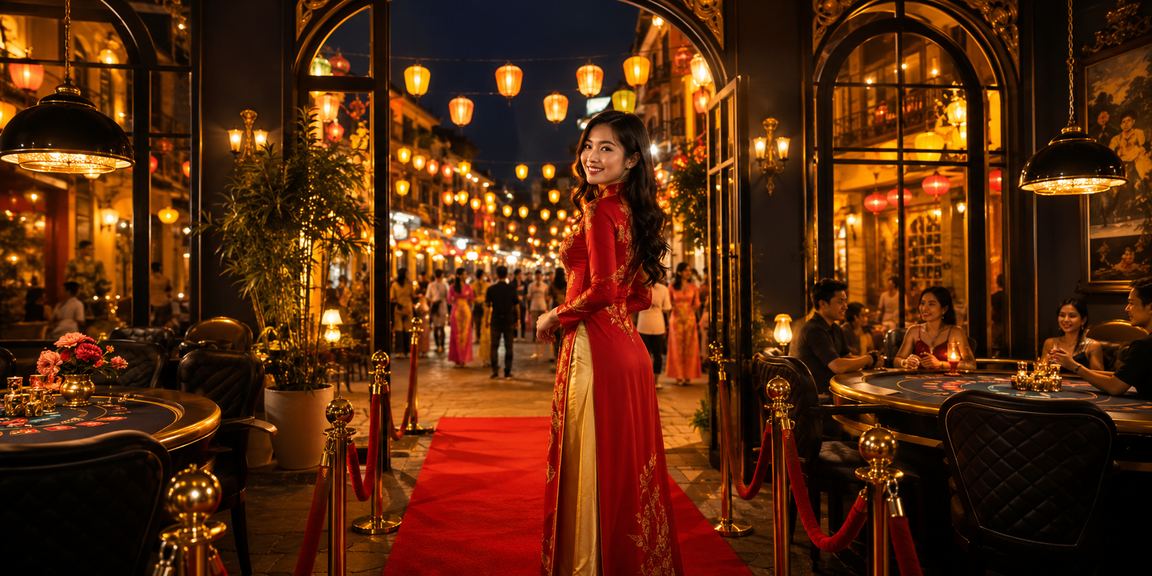 Người phụ nữ mặc áo dài chơi bài tại Hội An trong không gian truyền thống